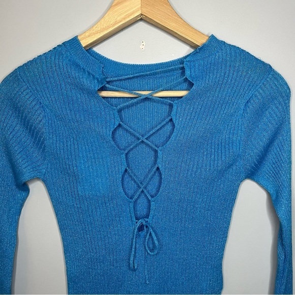 Mango Lace Up Back Cut Out Fine Ribbed Knit Sky Blue Sweater Size Small NWT - Picture 14 of 16